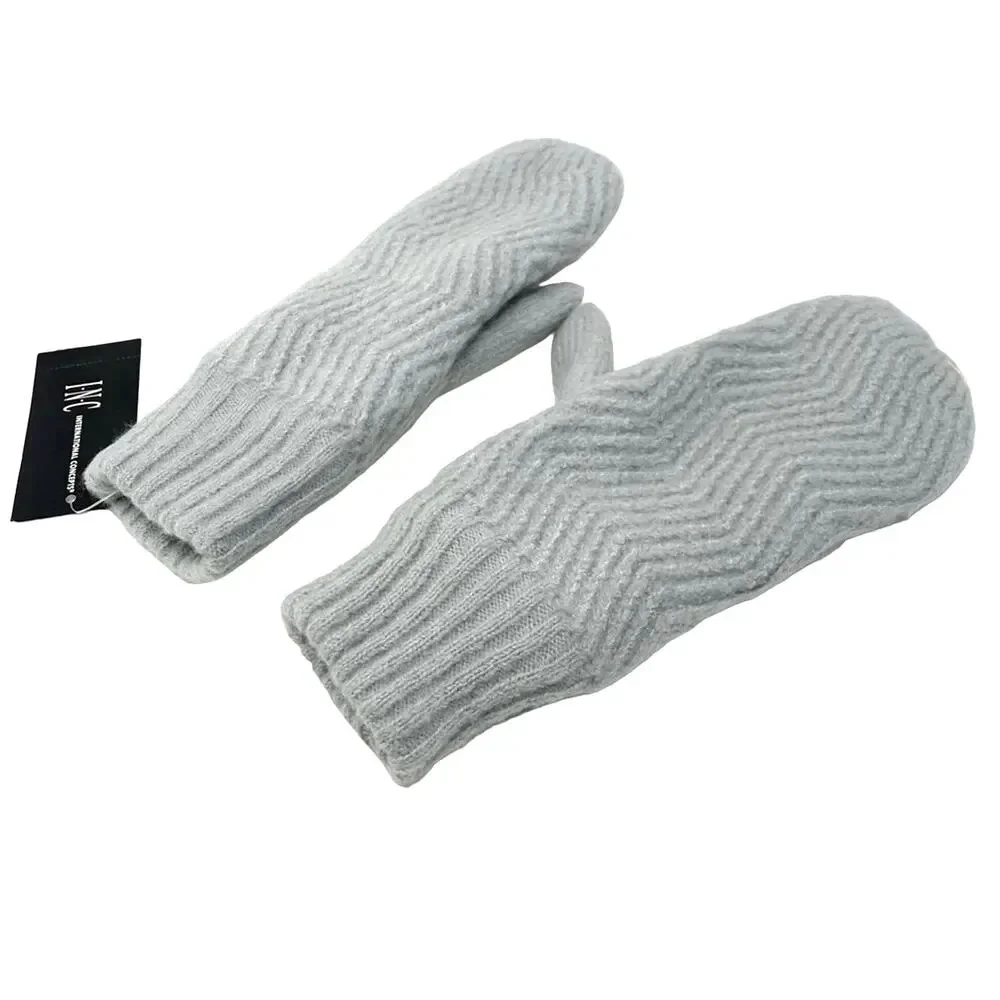 INC Chevron Light Grey Cozy Knit‎ Fleece Lined Chenille Mittens One Size